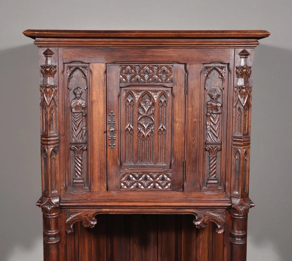 Antique French Gothic Revival Cabinet/Bar Cabinet in Highly Carved Chestnut Wood