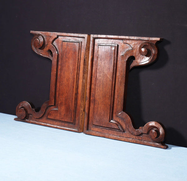 Pair of 11" Tall French Antique Carved Solid Oak Wood Brackets Trim Pieces