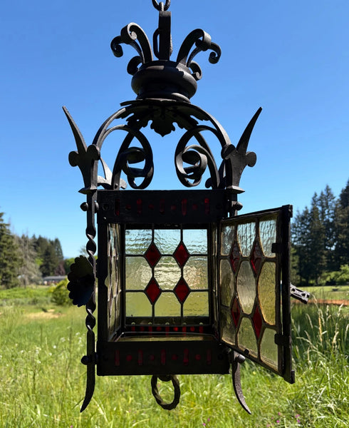27" French Antique Gothic Iron & Stained Glass Hanging Chandelier/Pendant Lamp