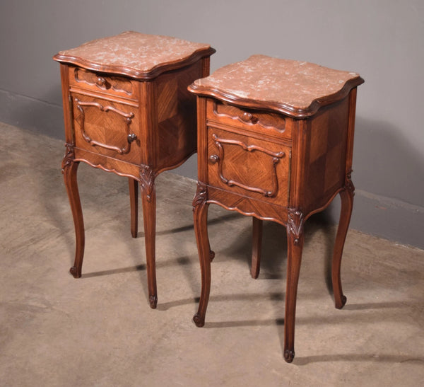 Pair of Antique French Louis XV Nightstands in Walnut with Marble Tops