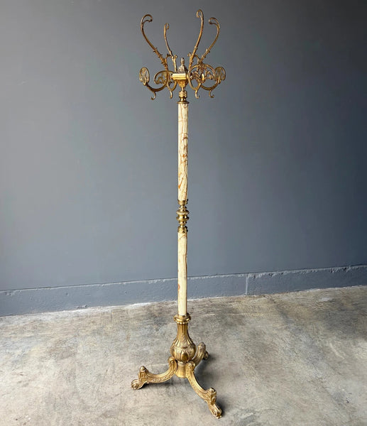 69" Tall Ornate Vintage Brass & Onyx Marble Coat/Hat Rack Hall Tree/Stand