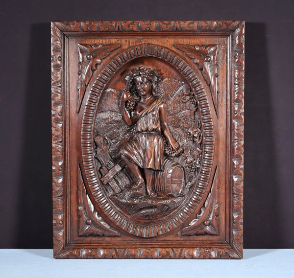 24" Tall Antique French Solid Oak Panel Highly Carved Harvest Theme w/Woman