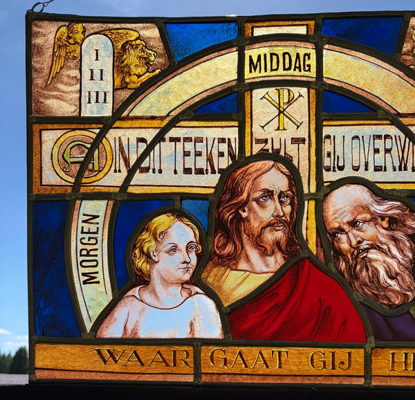 22" Wide Vintage Dutch Religious Stained/Leaded Glass Panel by Felix Bonner