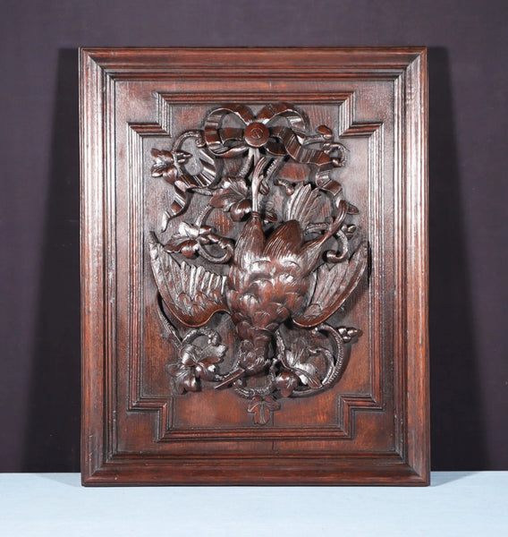 24" Tall French Antique Solid Oak Panel Highly Carved Hunting Theme with Bird