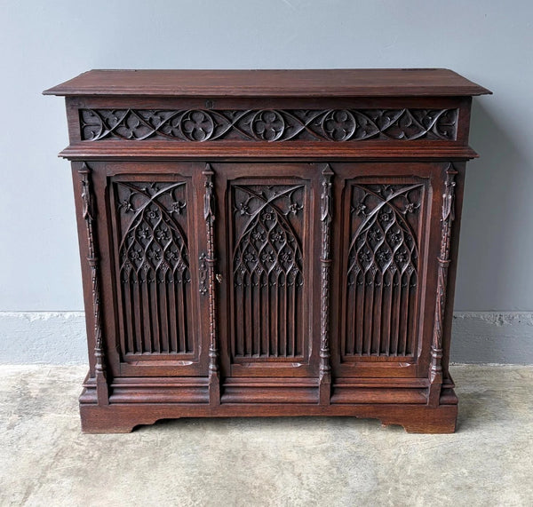 Antique French Gothic Revival Cabinet/Console/Sideboard, Highly Carved Oak