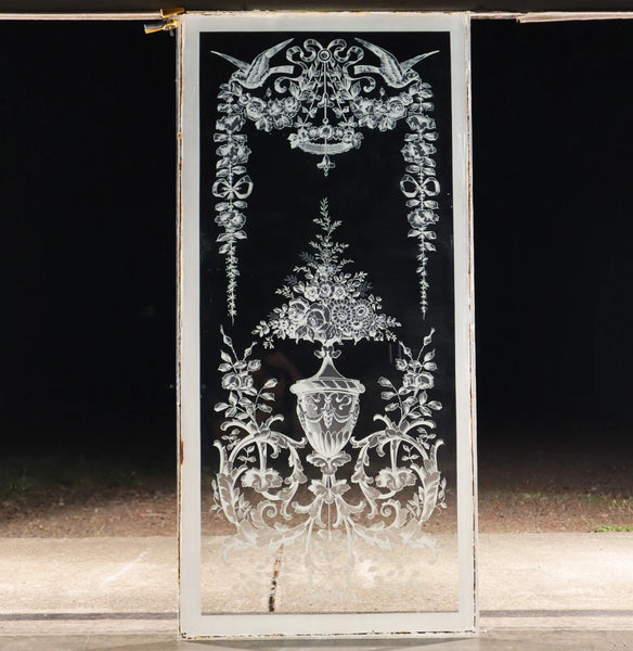 52" Tall Antique French Etched Glass Window Frosted Glass with Flowers and Birds