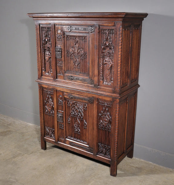 63" Tall Antique French Gothic Revival Cabinet Highly Carved in Solid Oak Wood