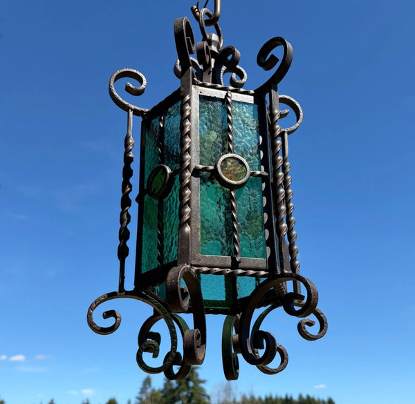 20" Tall Vintage French Iron and Stained Glass Hanging Chandelier/Pendant Lamp