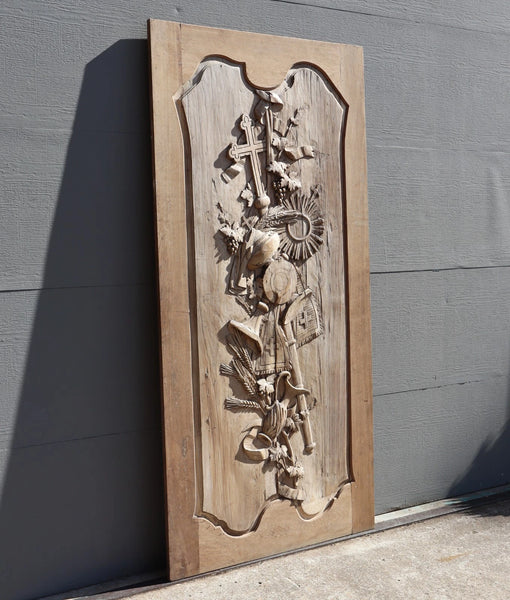 89" Tall Antique French Solid Walnut and Oak w/Crucifix Christian Altar Panel