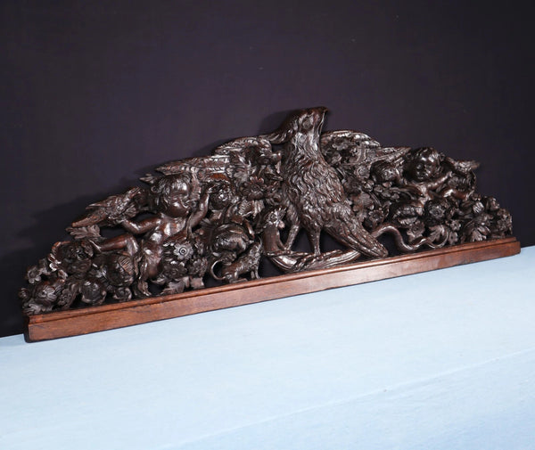 62" Wide XL Antique French Solid Oak Wood Highly Carved Crest with Bird