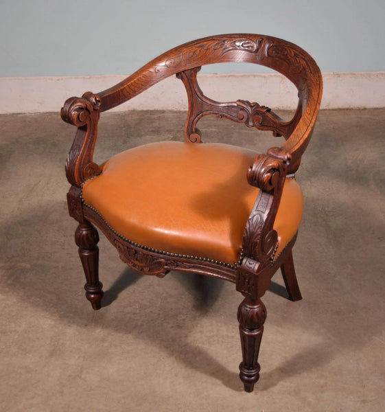 French Antique Renaissance Revival Oak & Leather Arm Chair Carved Wood