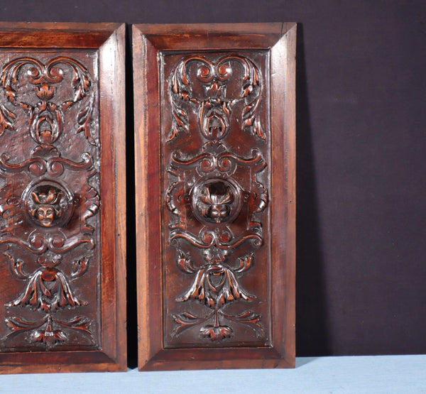 Pair of Antique French Solid Walnut Wood Highly Carved Panels with Faces