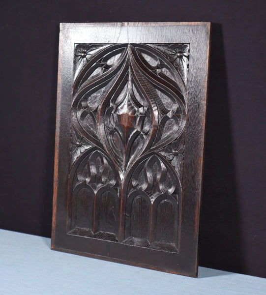 French Antique Gothic Revival Panel in Solid Chestnut Wood Salvage Late 1800's