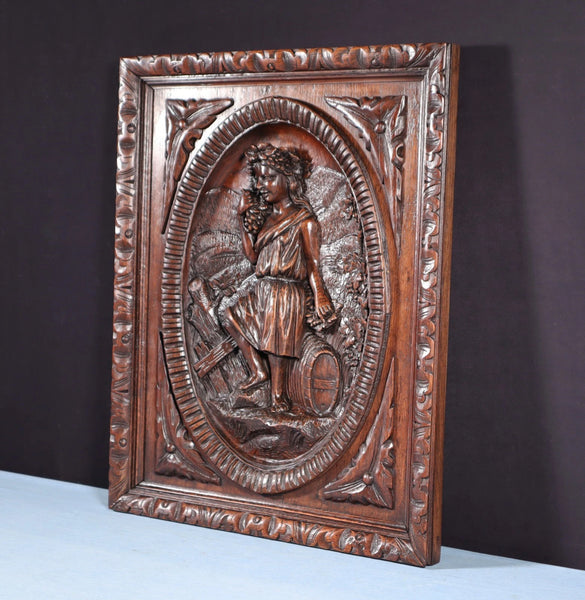 24" Tall Antique French Solid Oak Panel Highly Carved Harvest Theme w/Woman