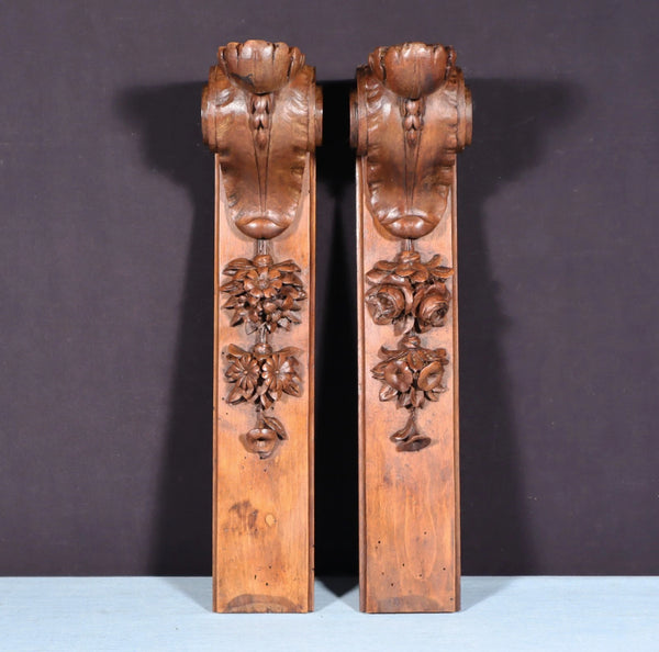 16" Pair of French Antique Solid Walnut Wood Highly Carved Posts with Flowers