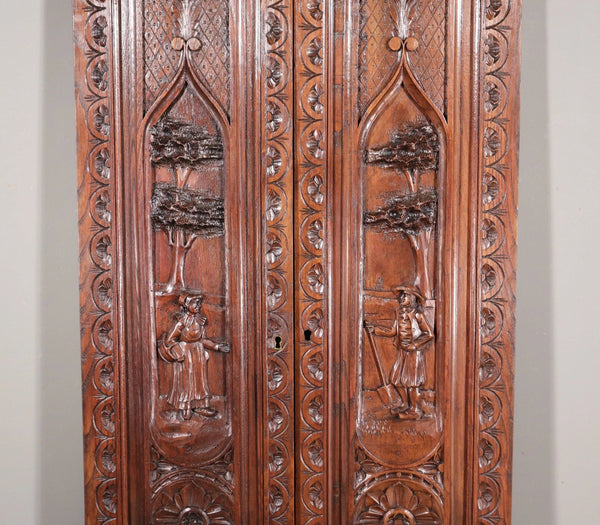 63" Tall Pair of French Antique Doors Carved Breton Panels Solid Chestnut Wood