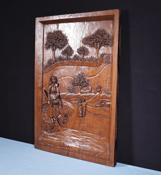 25" Tall Antique French Highly Carved Breton Panel in Solid Chestnut Wood