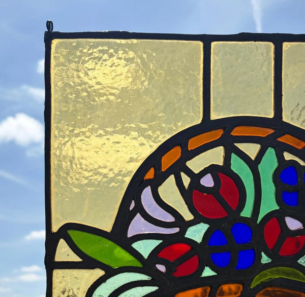 15" Tall Antique French Art Deco Stained/Leaded Glass Panel of Flowers