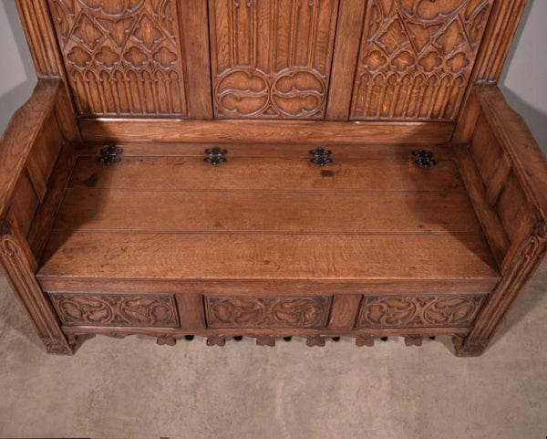Vintage French Gothic Revival Oak Wood Bench/Settee/Chair Highly Carved