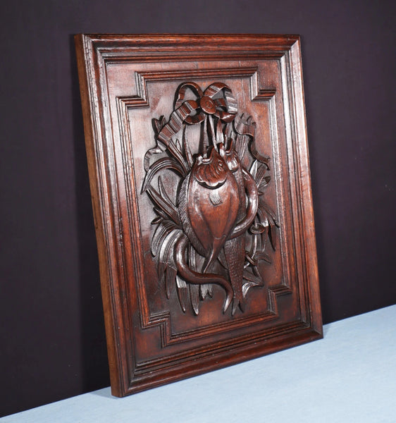 24" Tall French Antique Solid Oak Panel Highly Carved Hunting Theme with Fish