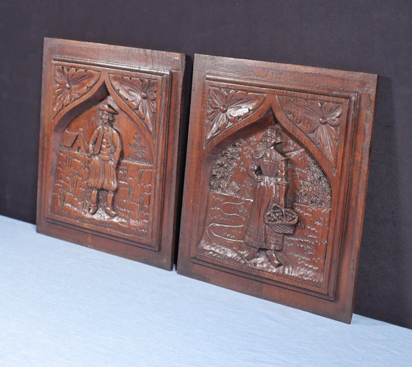 Pair of French Antique Highly Carved Breton Panels in Solid Chestnut Wood