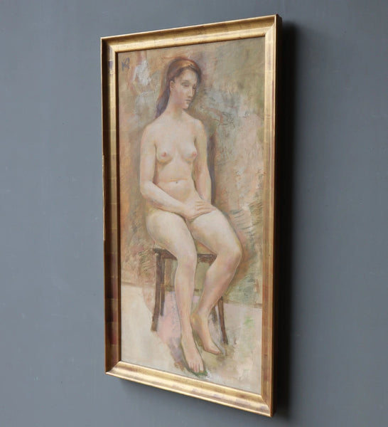 Large Framed Vintage Oil on Canvas Painting of a Nude Woman