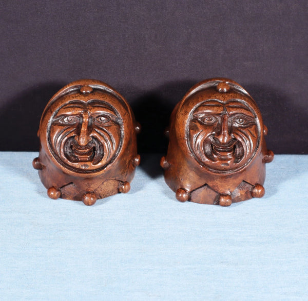 Pair of 3" Tall French Antique Highly Carved Jester Heads in Solid Walnut Wood