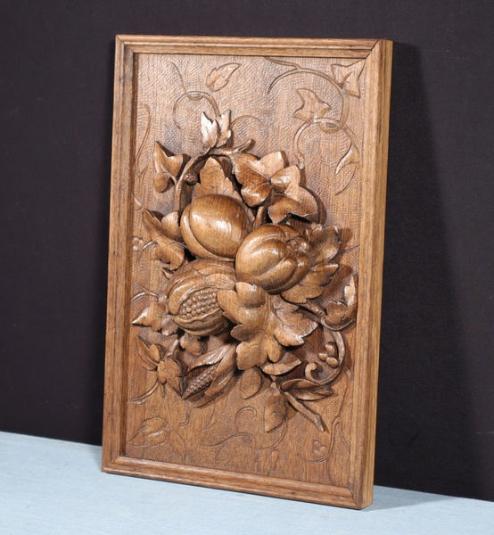 14" Tall French Antique Solid Oak Panel Highly Carved Harvest Theme