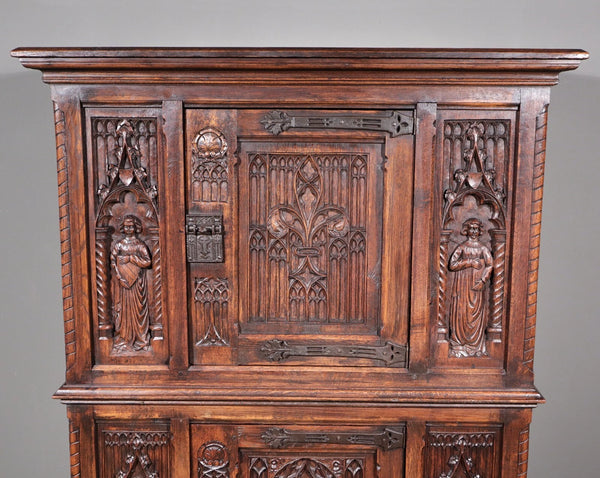 63" Tall Antique French Gothic Revival Cabinet Highly Carved in Solid Oak Wood