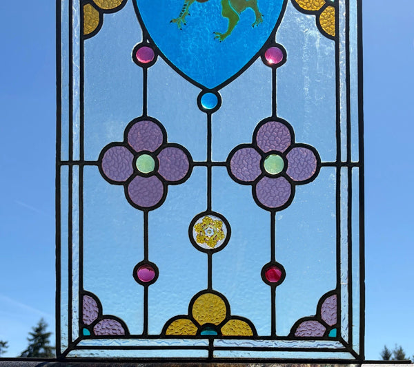 38" Tall Antique French Stained/Leaded Glass Panel w/Griffin and Uranium Glass