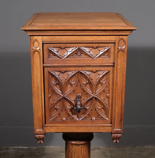 Vintage French Gothic Revival Stand, Cabinet, End Table Highly Carved Oak Wood