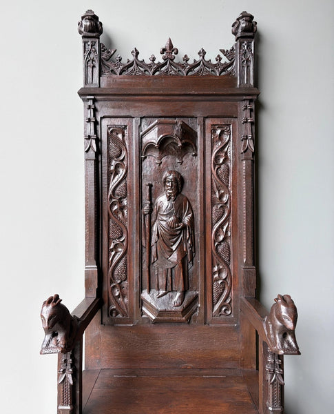 Late 1700's Antique French Gothic Throne Chair Bench/Settee/Chair Carved Oak