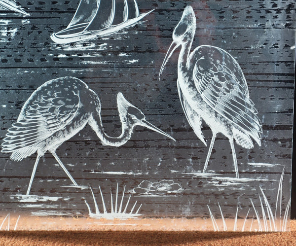 25" Tall Antique French Etched Glass Window Frosted Glass with Herons/Birds