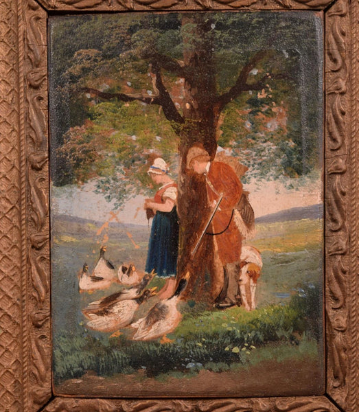 9" Tall Antique Framed Oil on Panel Painting of a Couple Feeding the Geese