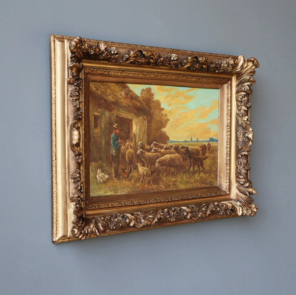 Antique Oil on Canvas Painting of a Farmer & Sheep by Paul Schouten (1860-1922)
