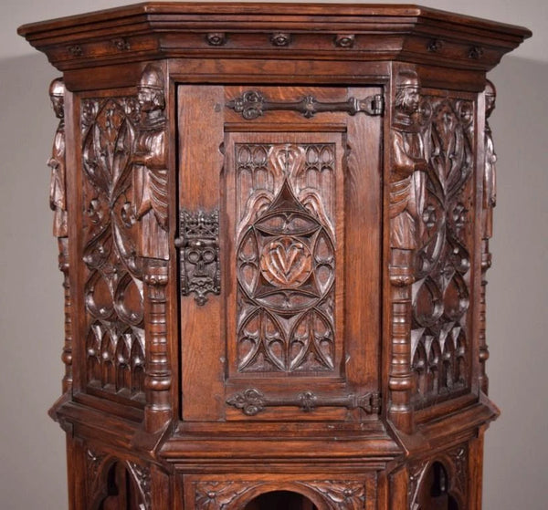Vintage French Gothic Revival Cabinet/ Console/ Sideboard, Highly Carved Oak Wood