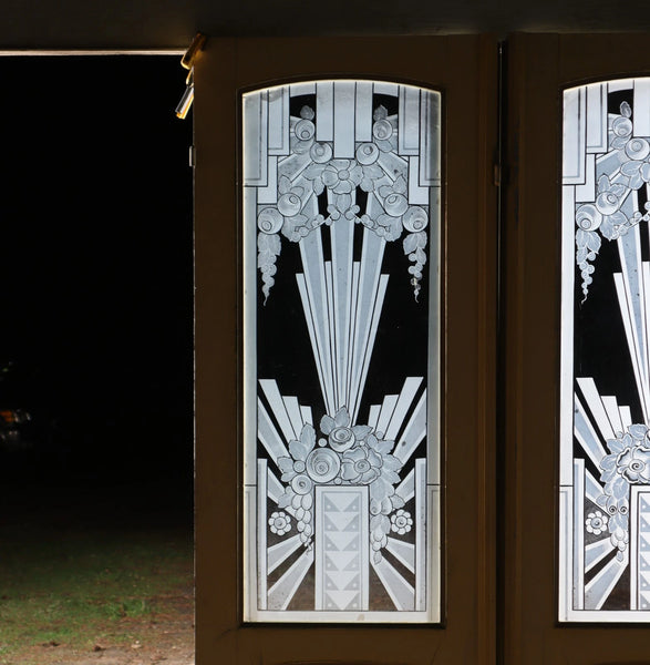 Pair of French Art Deco Etched Glass Doors Frosted Glass with Pine Frames