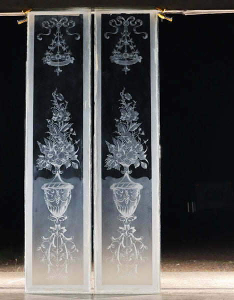 56" Tall Pair of Antique French Etched Glass Windows Frosted Glass with Flowers