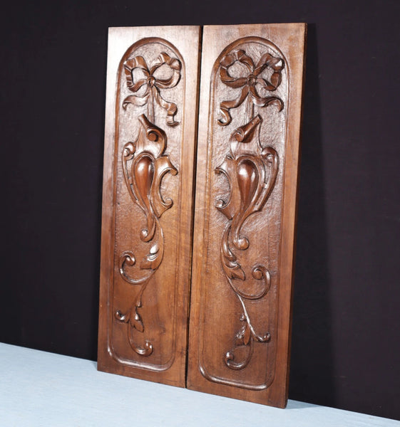 Pair of French Antique Solid Walnut Highly Carved Panels with Intricate Designs