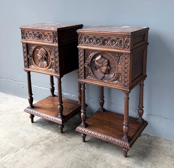 Pair of 34" Tall Antique French Breton Nightstands with Marble Tops in Chestnut