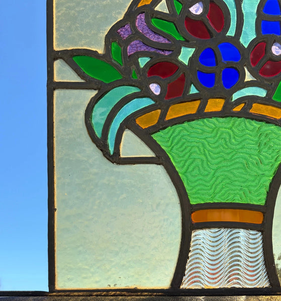 15" Tall Antique French Art Deco Stained/Leaded Glass Panel of Flowers