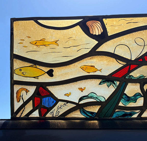 Vintage Dutch Stained/Leaded Glass Panel by Lea Steppe Sea Life Themed