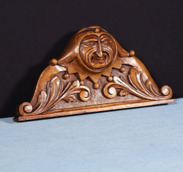 9" Wide French Antique Solid Walnut Wood Highly Carved Crest w/Jester