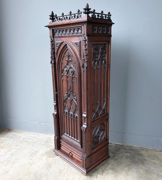 67" Tall French Antique Gothic Cabinet in Solid Oak Highly Carved Wood