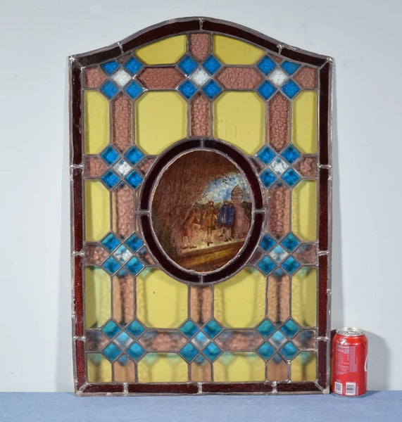 Antique French Stained Leaded Glass Hand Painted Panel w/Parisian Figures
