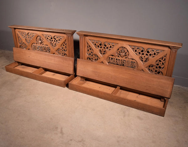 Pair of 59" Long Antique Gothic Revival Oak Wood Prayer Rails With Storage