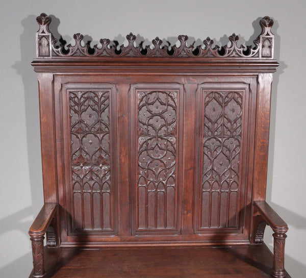 72" Tall Antique French Gothic Revival Oak Wood Bench/Settee/Chair Highly Carved