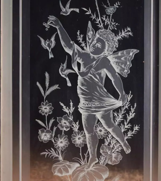 Pair of Antique French Etched Glass Windows Frosted Glass with Cherubs