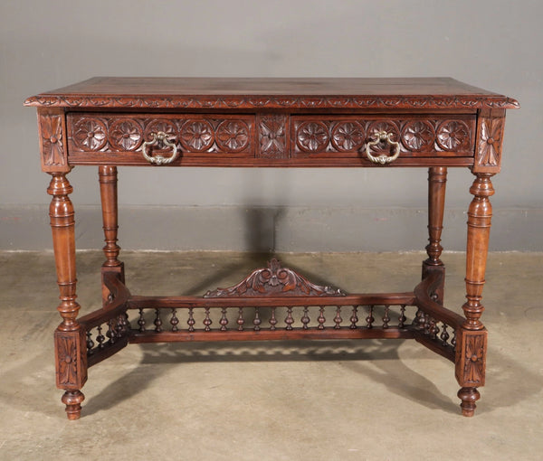 Antique French Breton Desk/Library Table in Solid Chestnut Wood with Carvings