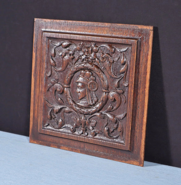 Antique French Solid Oak Highly Carved Panel with Portrait Carving Late 1800's